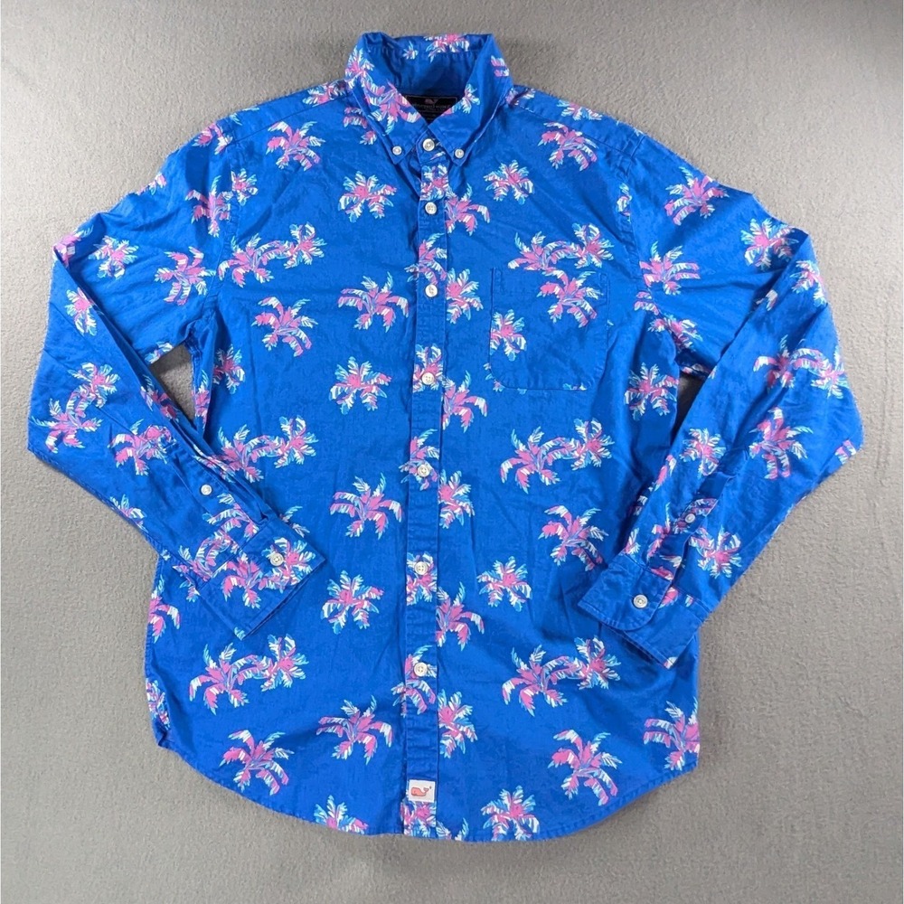 Vineyard Vines Mens Slim Fit Murray Shirt Medium Blue Pink Palm Tree 1W1998